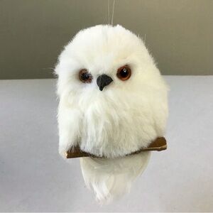 White Snowy Owl Bird Ornament Perched on Branch Realistic Soft Winter Christmas